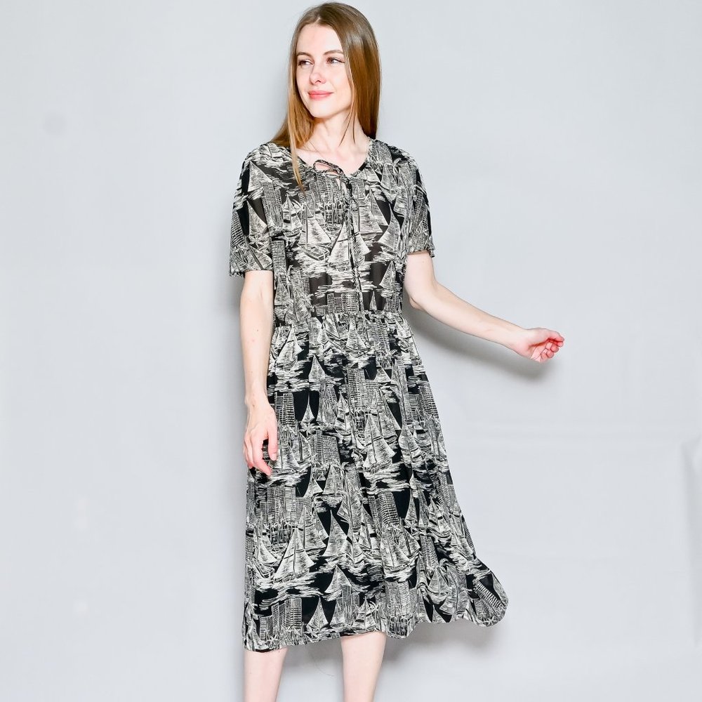 VINTAGE Miami Marina Print Flowy Midi Dress RARE S M L